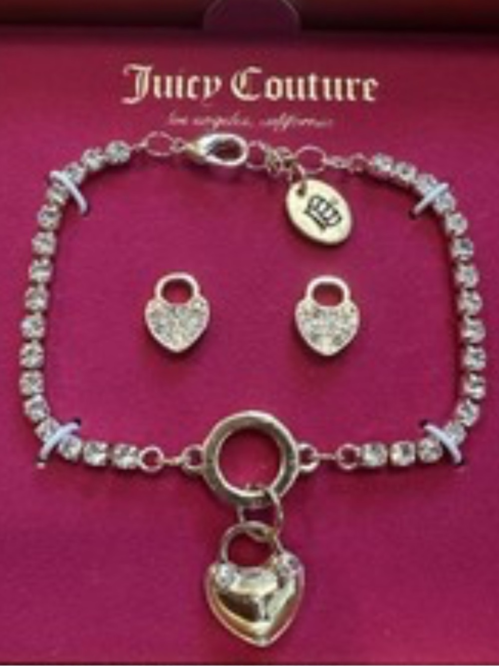 Juicy Couture Gold Tone Brilliant Rhinestones Heart Charm Bracelet & Earrings